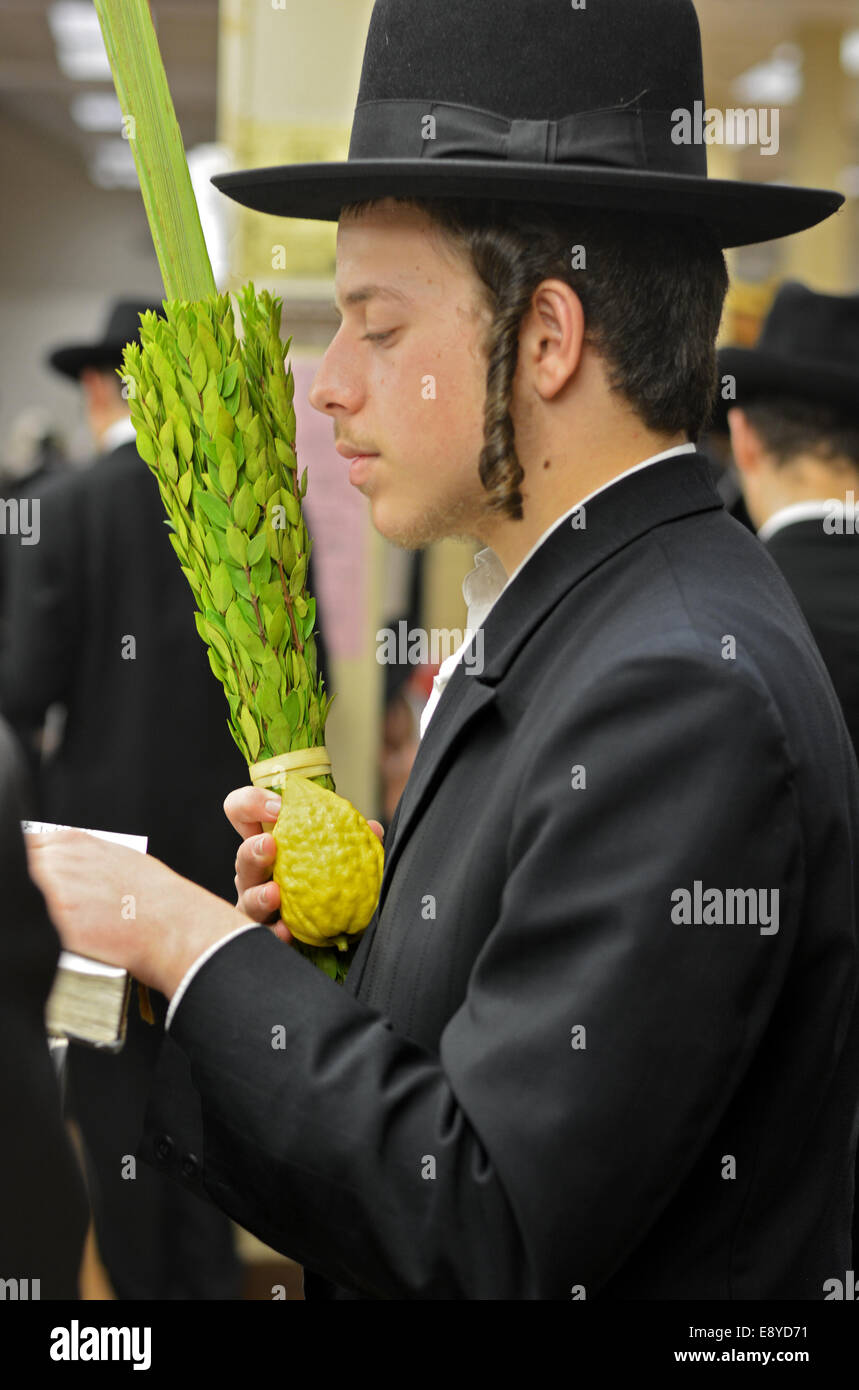 Religious Jewish young man blessing the esrog and Lulv in a synagogue  in Brooklyn, NY during the Jewish holiday of Sukkot. Stock Photo