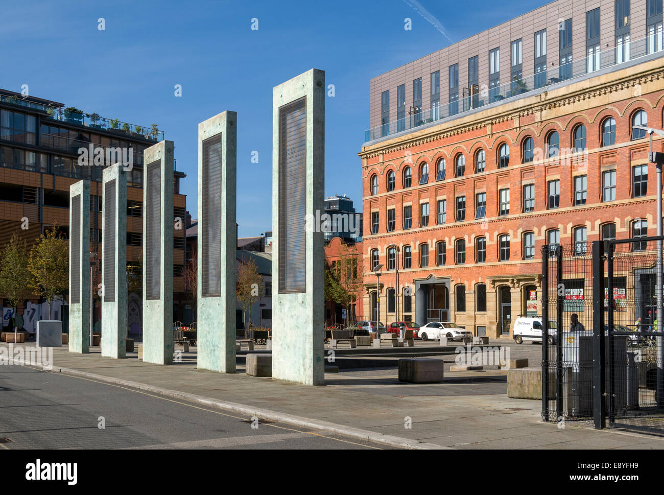 Artworks by Dan Dubowitz and the Ice Plant building at Cutting Room Square, Ancoats, Manchester, England, UK Stock Photo