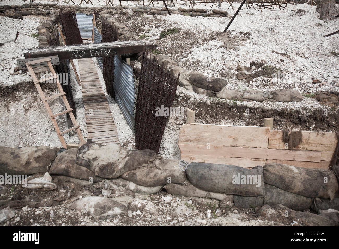 Recreation of WW1 no mans land and trench, its interior structure boarded with wood, tin sand bags and wicker. Stock Photo