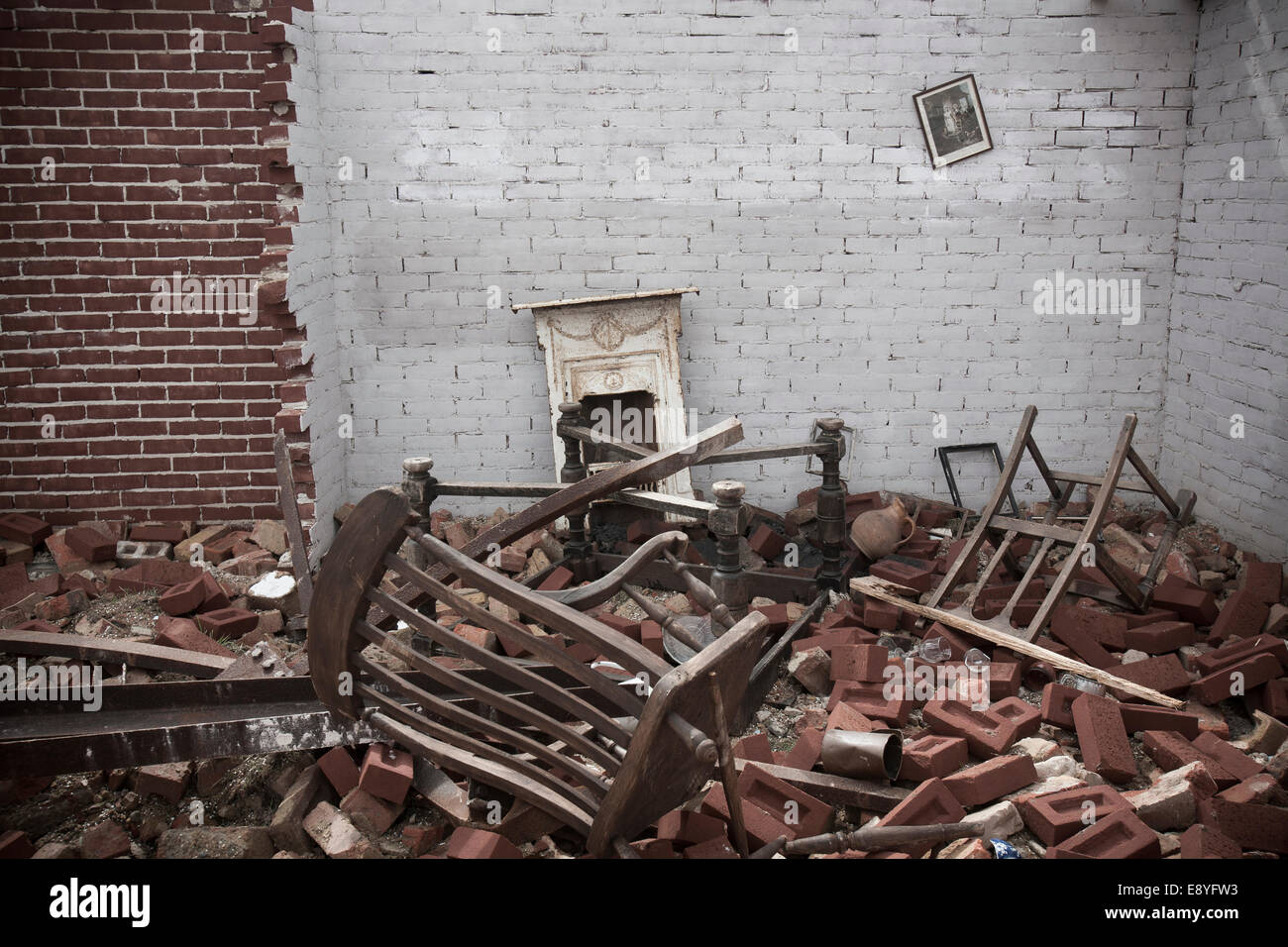 Recreation of the interior of a bombed destroyed building. Stock Photo