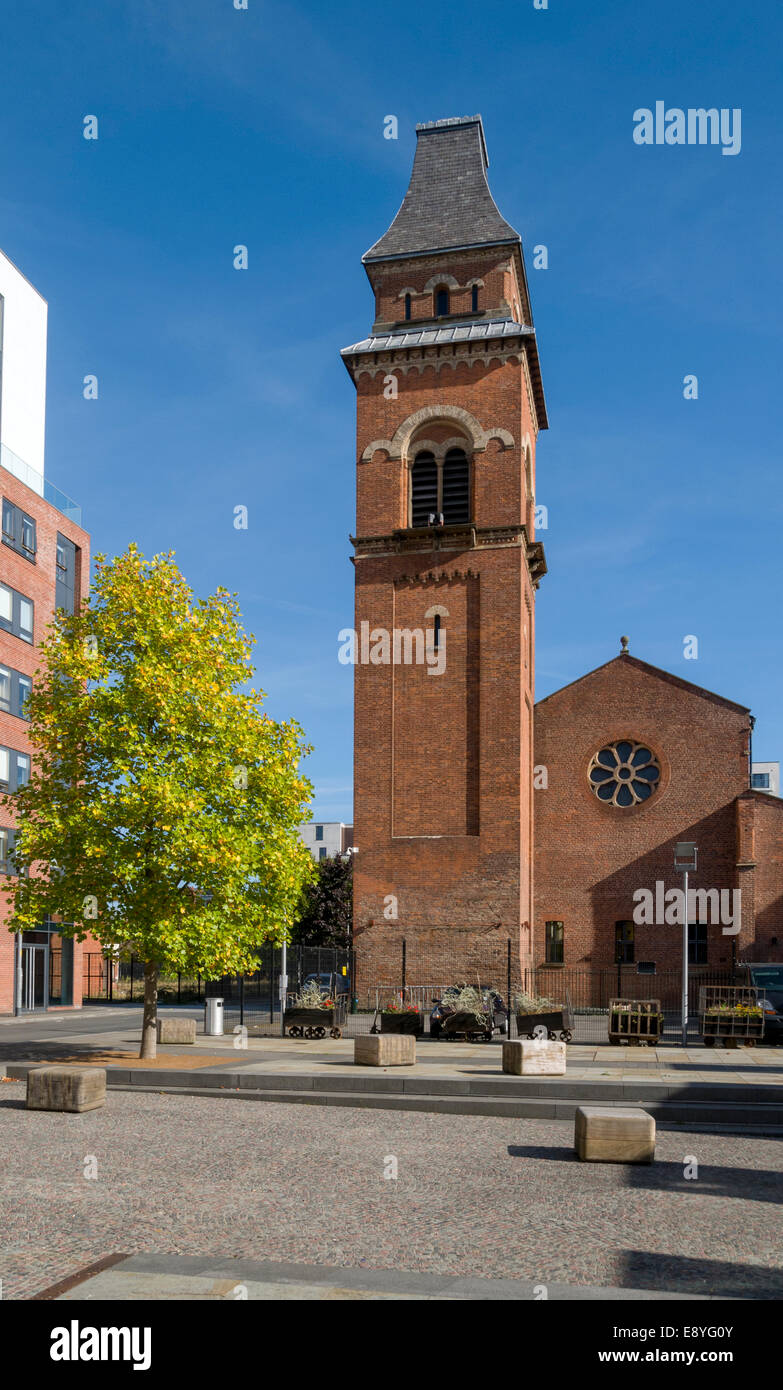 St. Peter's church from Cutting Room Square, Ancoats, Manchester, England, UK. Now a rehearsal centre for the Hallé orchestra. Stock Photo