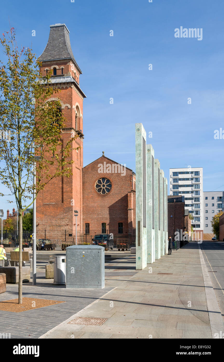 St. Peter's church from Cutting Room Square, Ancoats, Manchester, England, UK. Now a rehearsal centre for the Hallé orchestra. Stock Photo