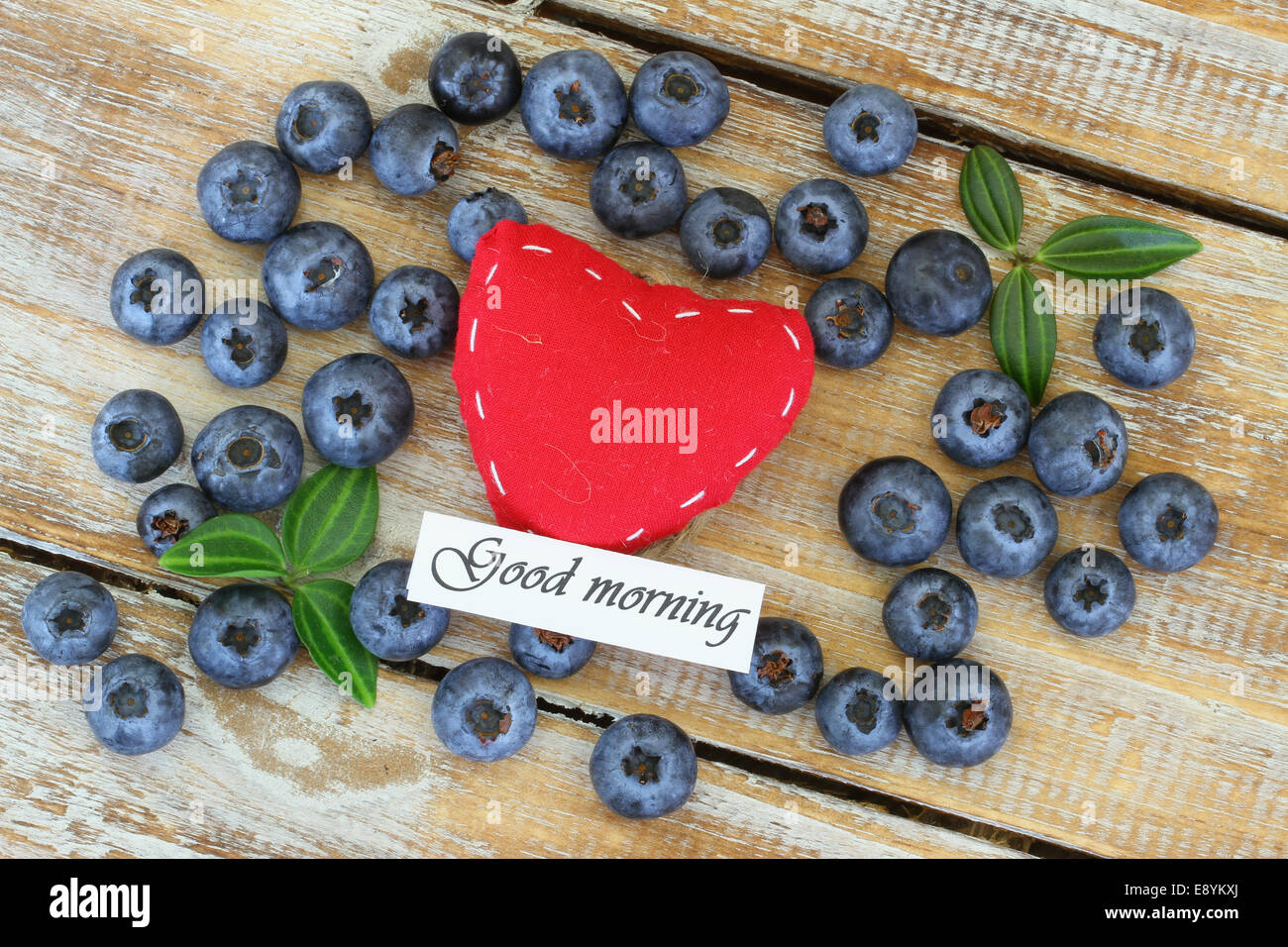 Good morning card with red heart and blueberries Stock Photo Alamy