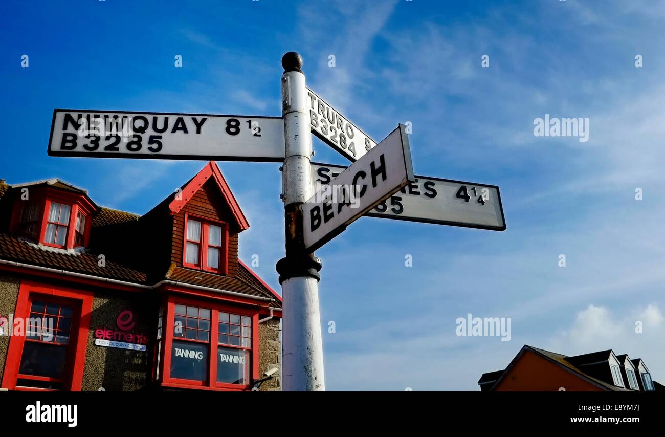 Town centre direction signpost Perranporth Cornwall England uk Stock Photo
