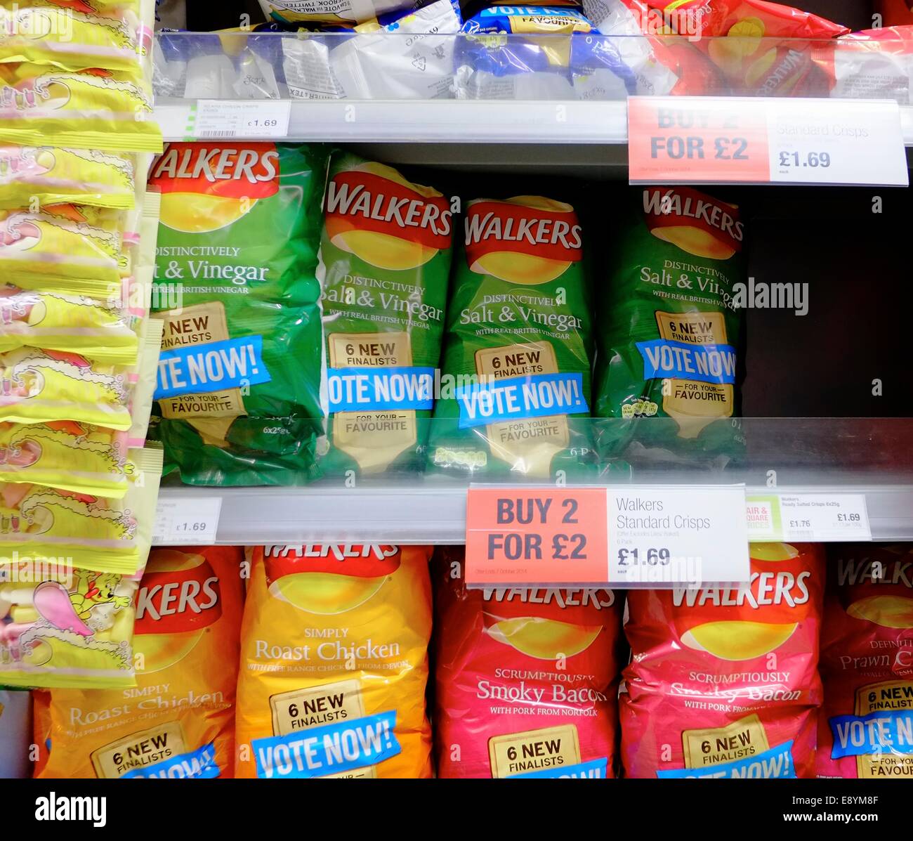 Walkers multi pack crisps for sale on a supermarket shelf "buy 2 for £2
