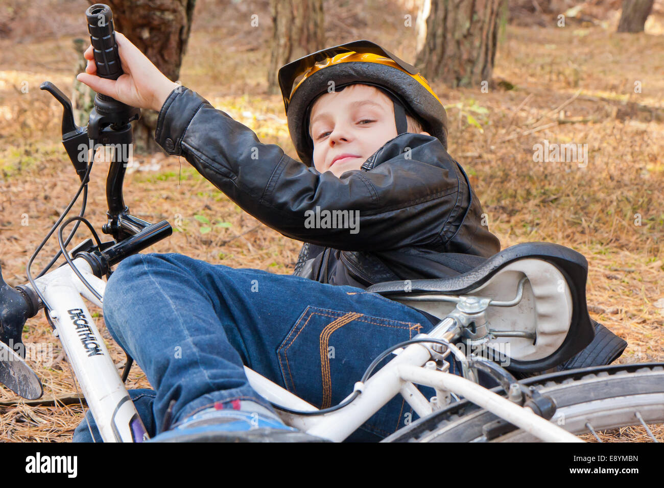 young boy in a bicycle helmet Stock Photo