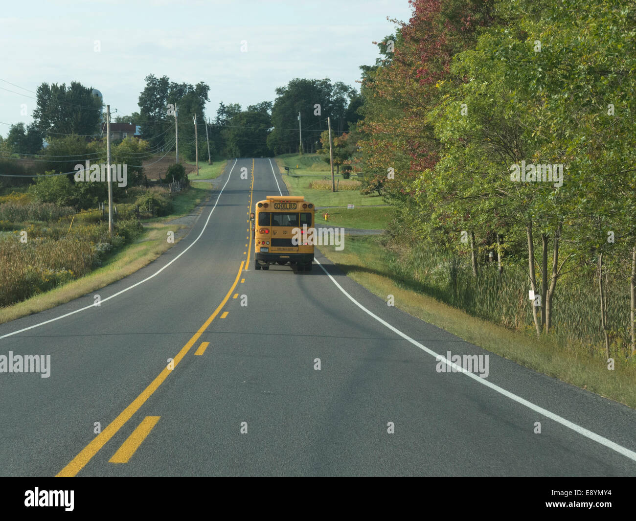 School bus on rural road, NY USA. Stock Photo