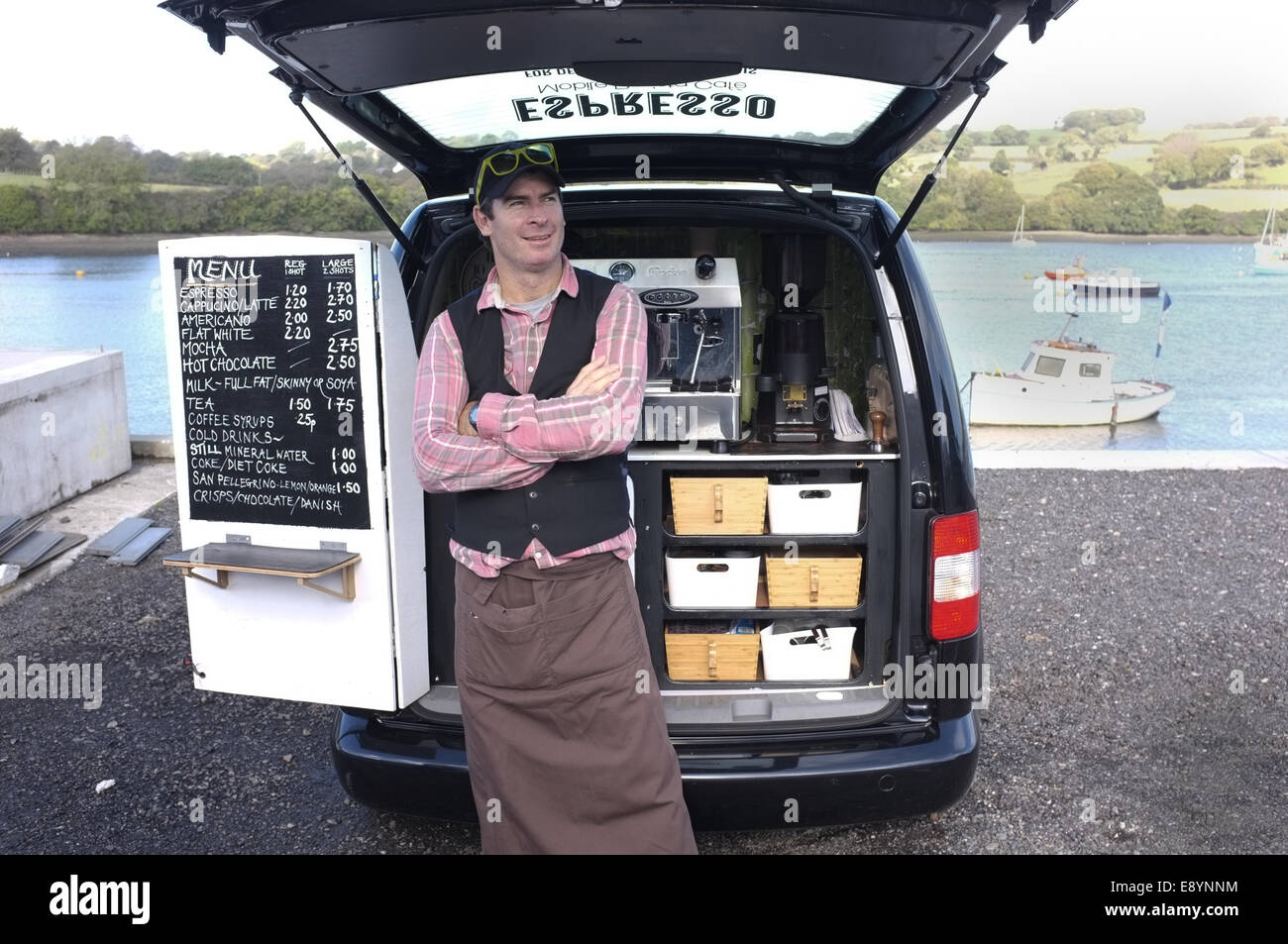 An independent coffee barista, espresso Cornwall, in Falmouth Cornwall UK on the Penryn river. Stock Photo