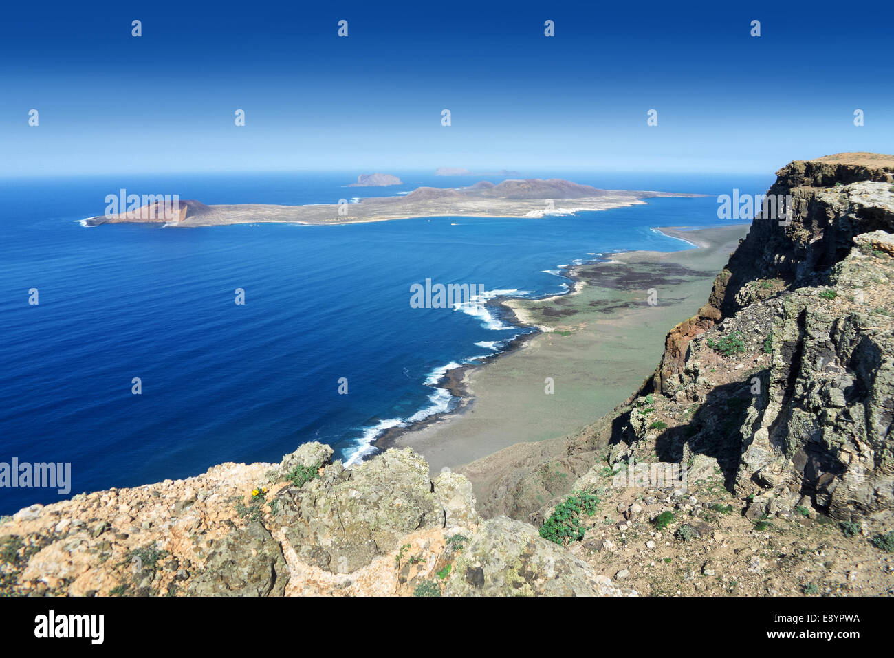 Lanzarote - View from Famara Cliff to La Graciosa Stock Photo