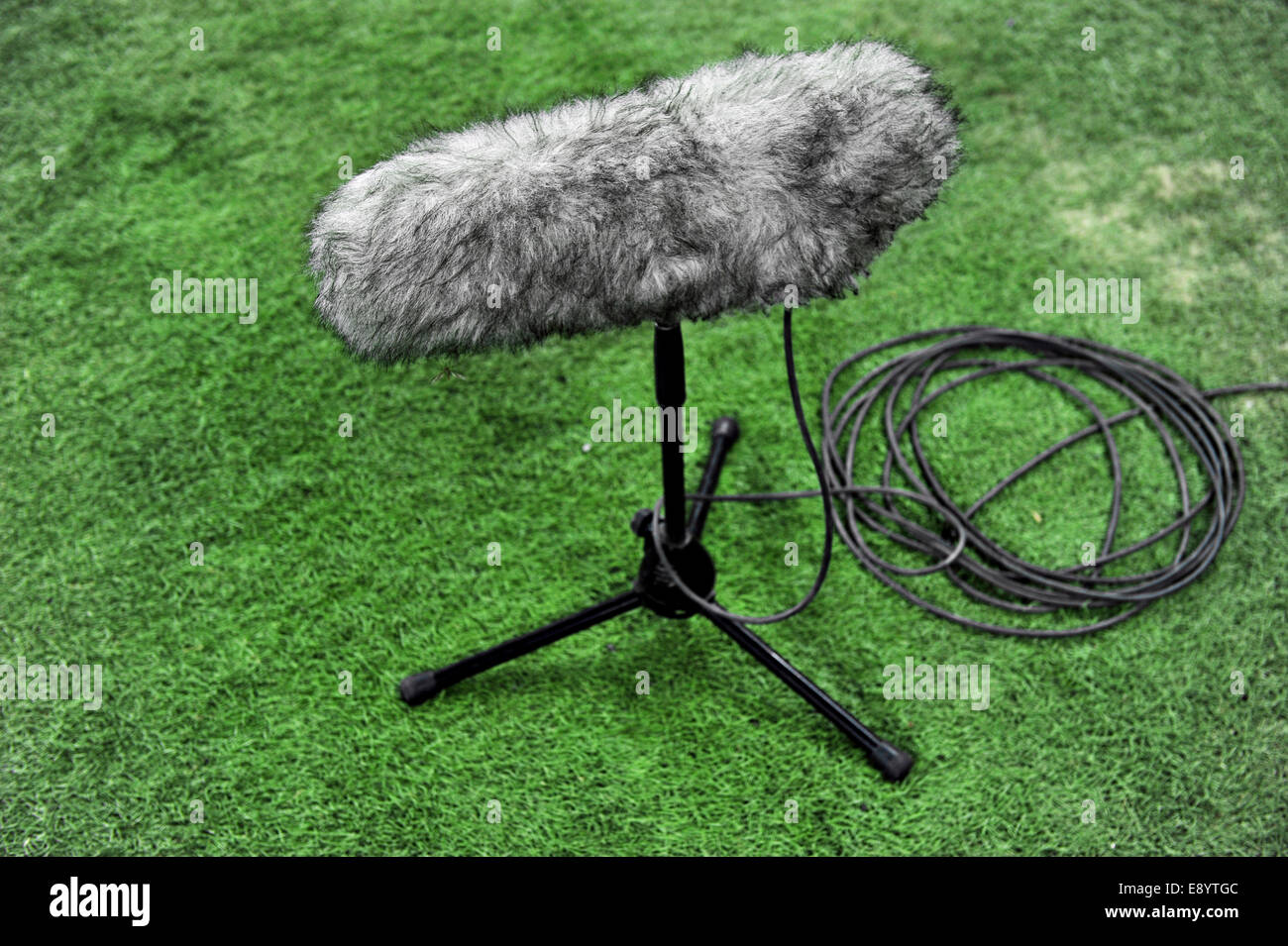 Detail with a professional sport microphone on artificial turf Stock Photo