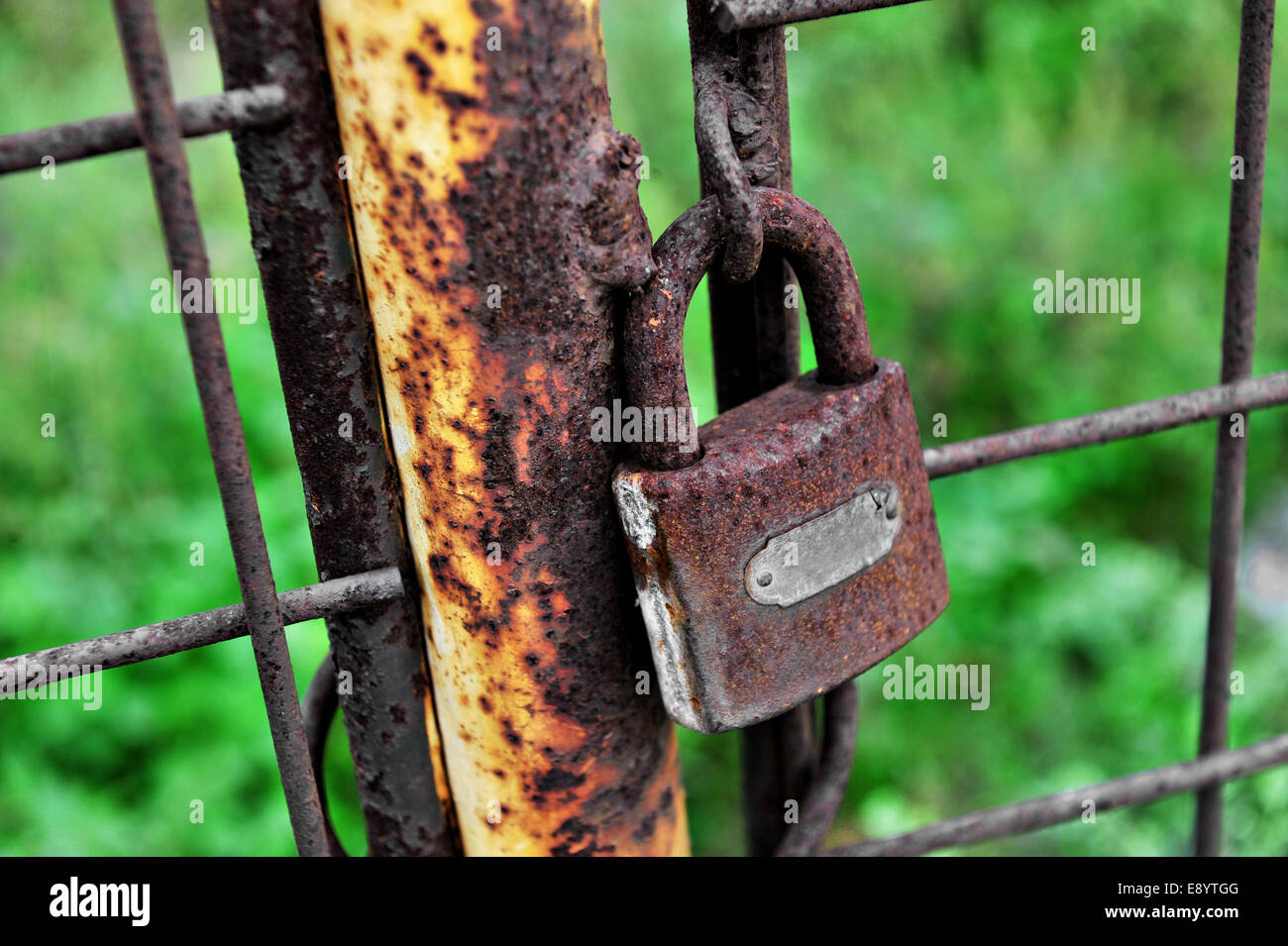 A rusty padlock on a corroded iron gate Stock Photo