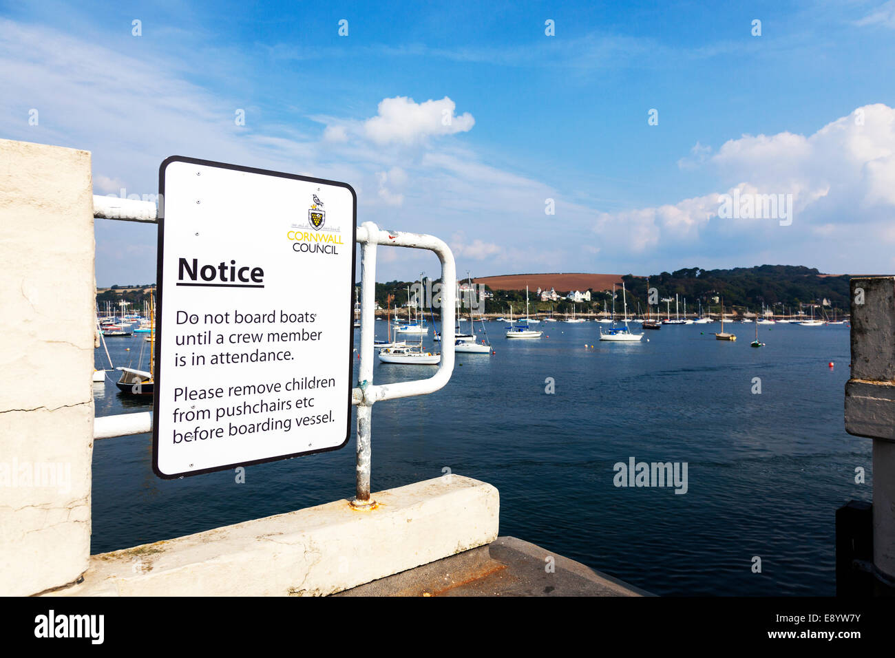 Cornwall council notice sign Falmouth do not board boats until crew member is in attendance Cornish warning UK England harbour Stock Photo