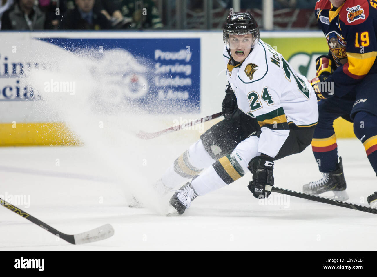 London, Ontario, Canada. 15th Oct, 2014. Mitchell Marner (93) of the London  Knights follows the play during a game between the London Knights and the  Erie Otters played at Budweiser Gardens in