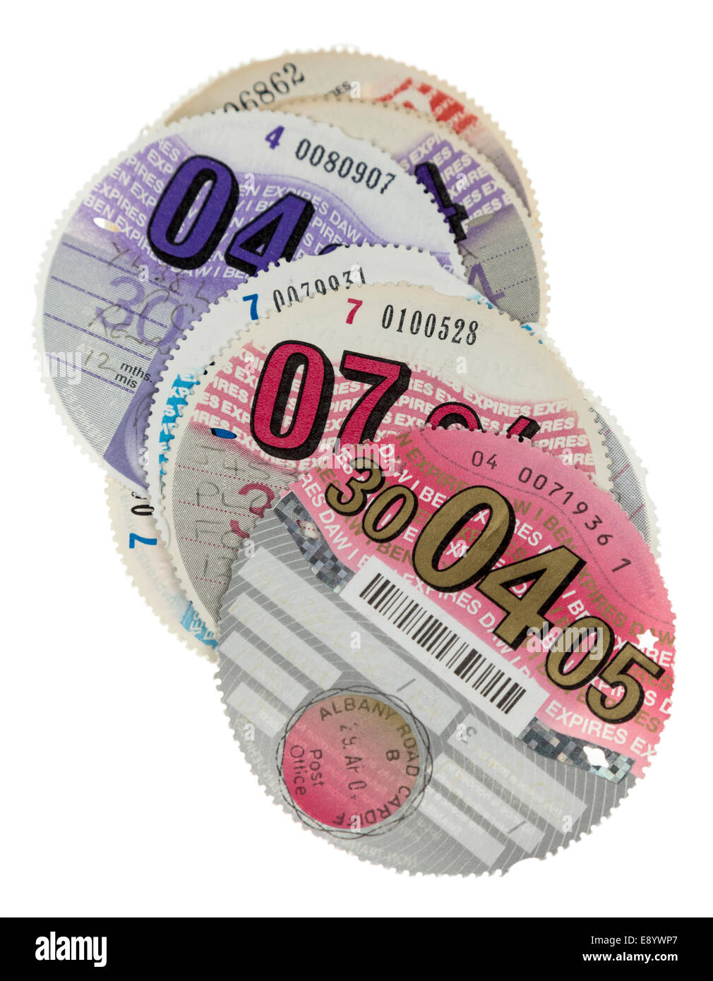 Expired road fund tax disks, UK Stock Photo