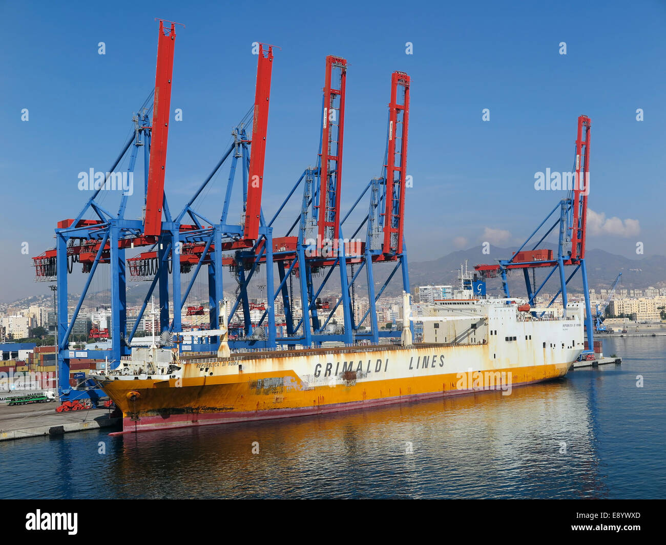 Grimaldi Line ferry docked at Malaga Harbour in Spain Stock Photo