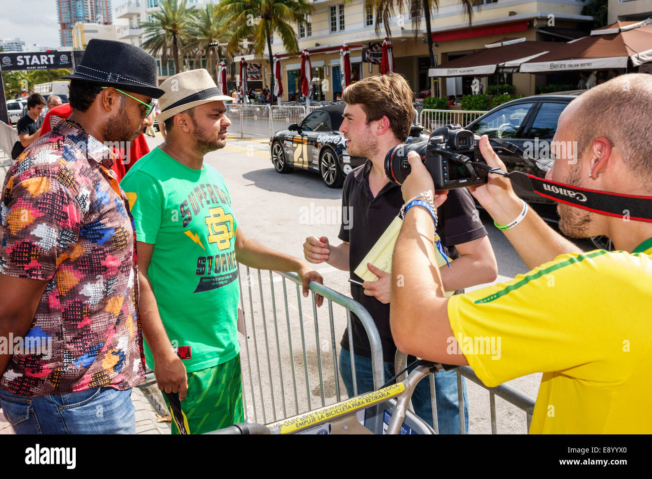 Miami Beach Florida,Ocean Drive,Gumball 3000 road race motor rally,sports cars,racing,exhibit exhibition collection man men male,drivers,interview,jou Stock Photo