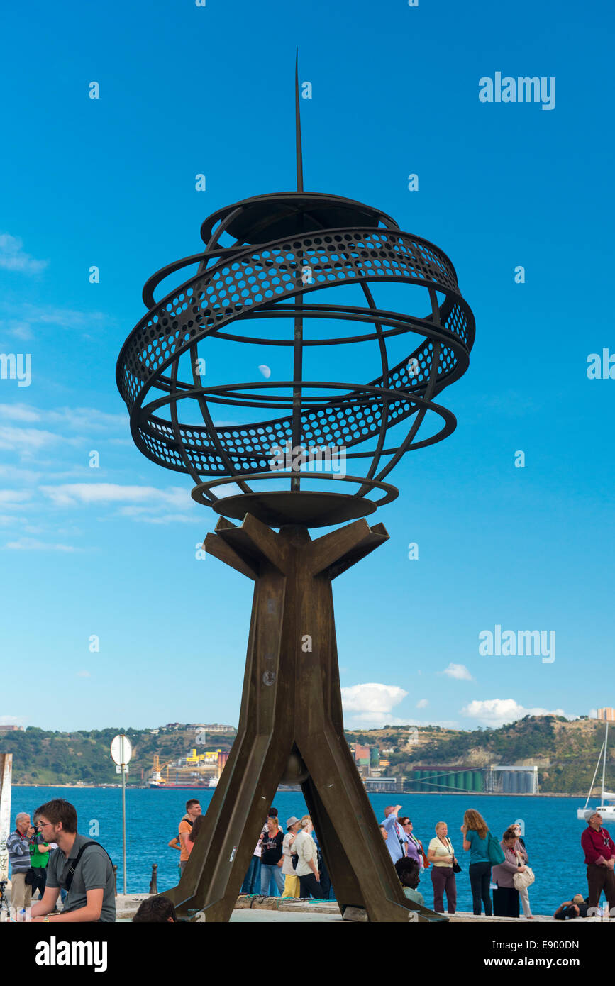 Portugal Lisbon Belem waterfront River Tagus modern art metal armillary sphere spherical astrolabe, armilla, or armil statue Stock Photo
