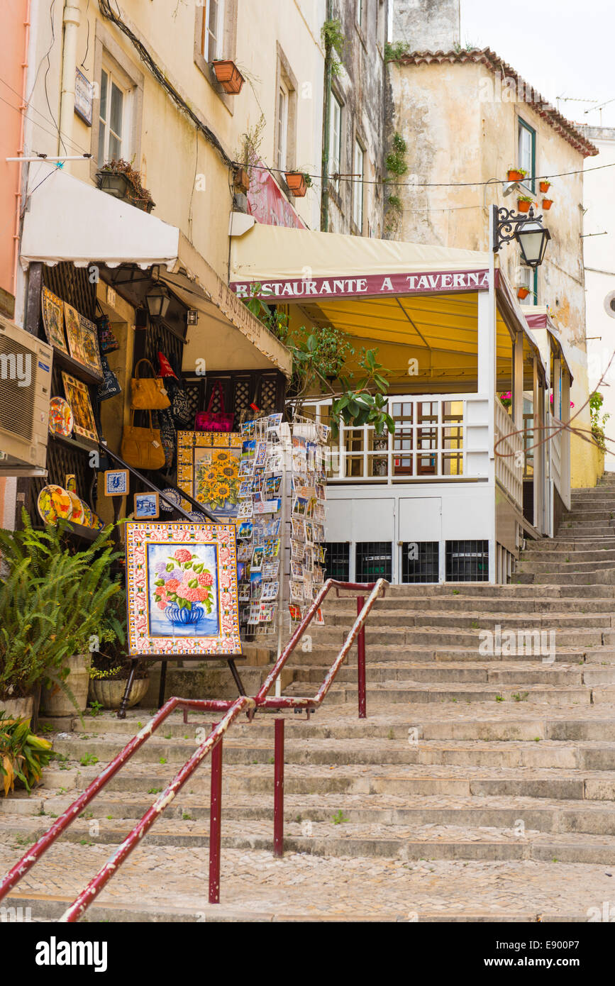 Portugal Sintra Restaurante a Taverna restaurant cafe old town stairs steps souvenir shop postcards stand Stock Photo