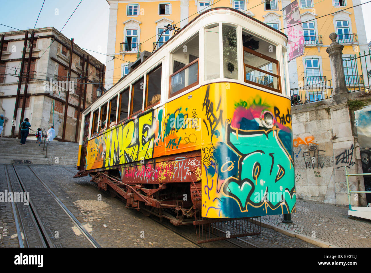 Ascensor Gloria graffittti da grafiti funicular lift Alamy Photo Portugal - elevator train graffiti electric Lisbon Stock tram incline Elevador