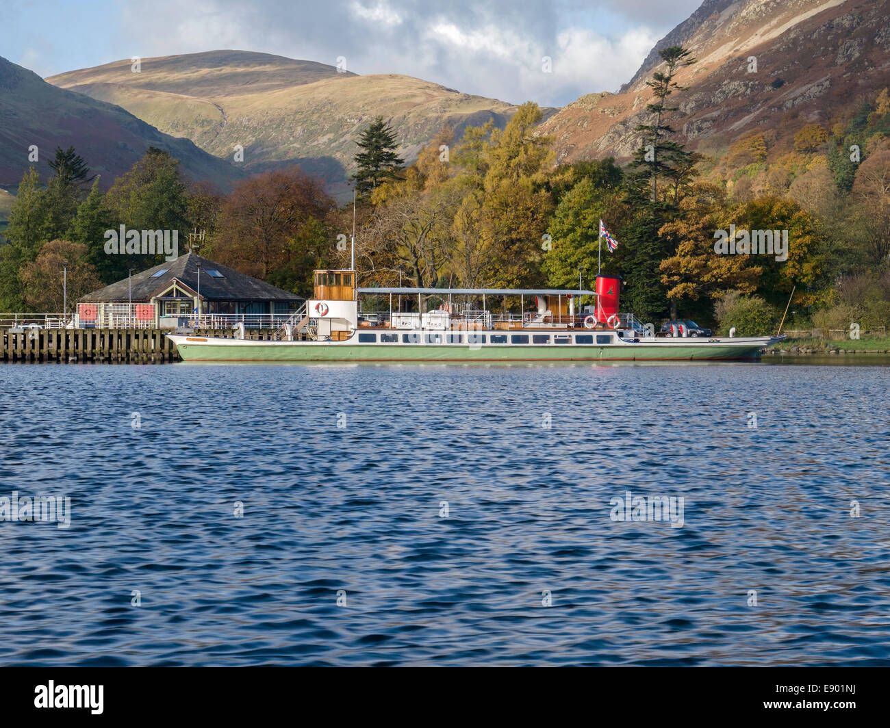 Raven Steamer at Glenridding pier on Ullswater lake, Lake District, Cumbria, England, UK Stock Photo
