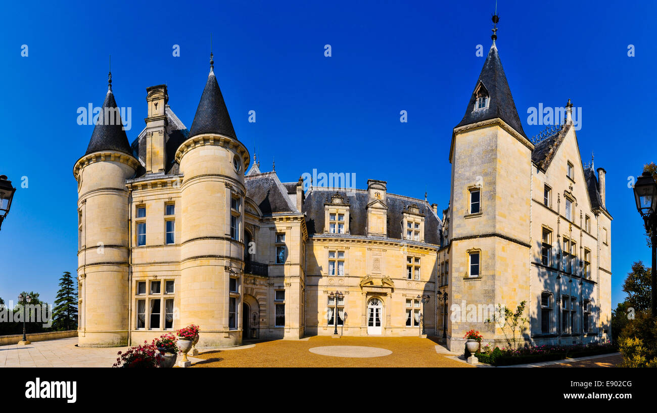 France, Mirambeau. Château de Mirambeau, today a five star hotel. Stitched panorama. Stock Photo