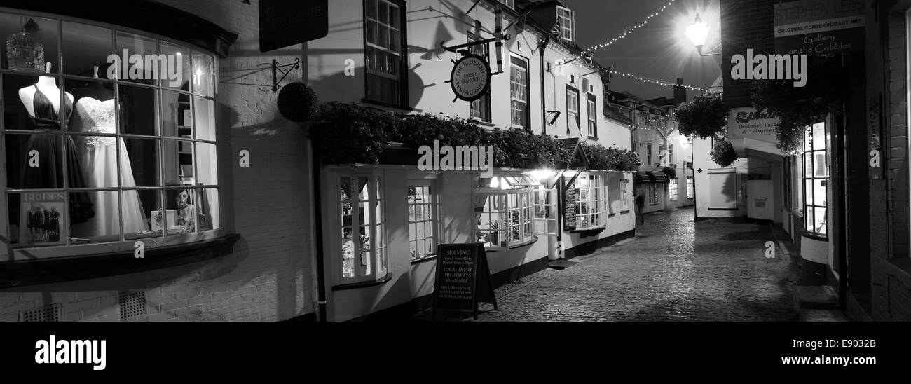 Cobbled streets at night, Quay Hill, Lymington town Quayside; New Forest National Park; Hampshire County; England; Britain, UK Stock Photo