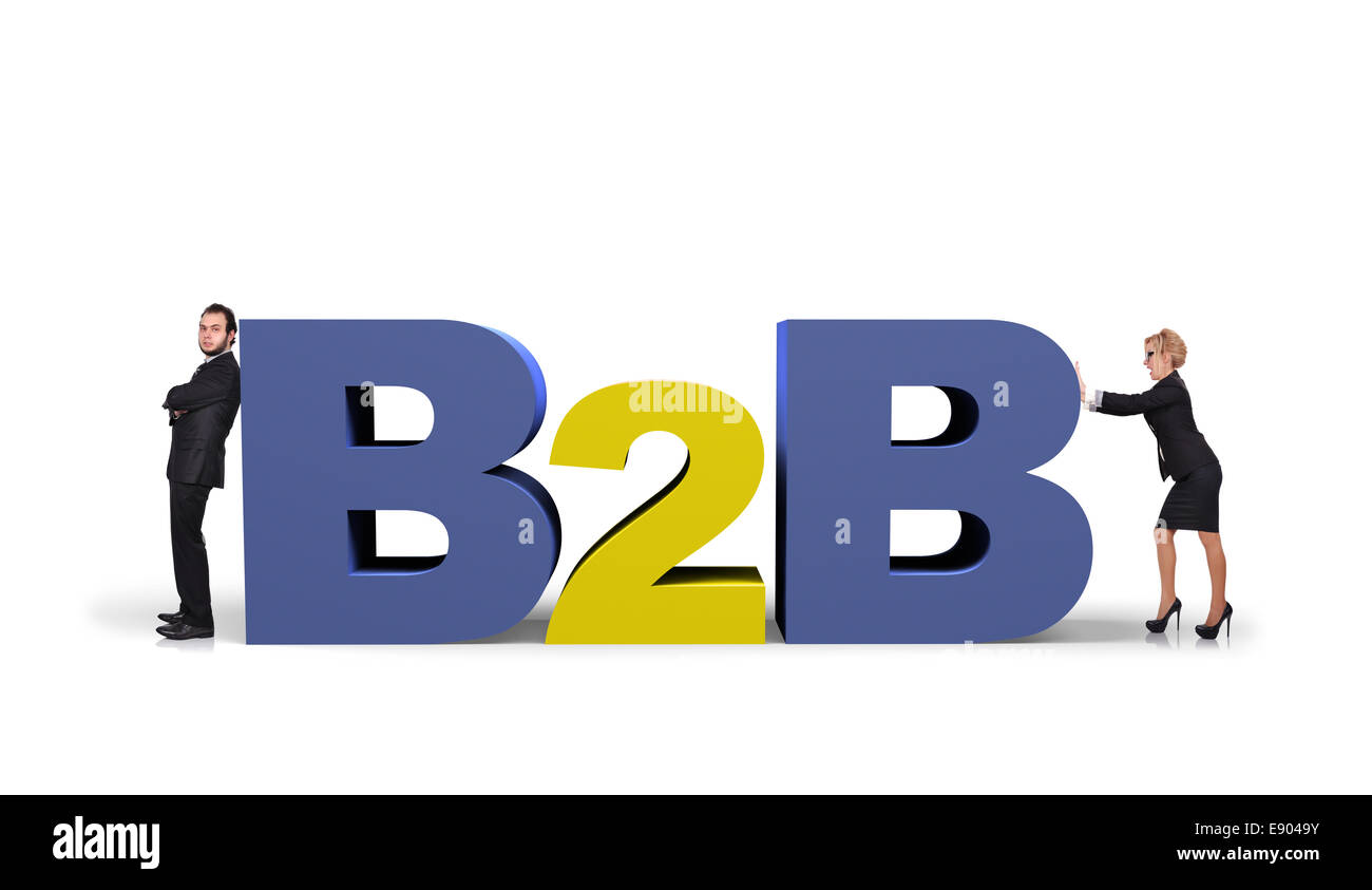 businessman and businesswoman pushing  big b2b symbol Stock Photo