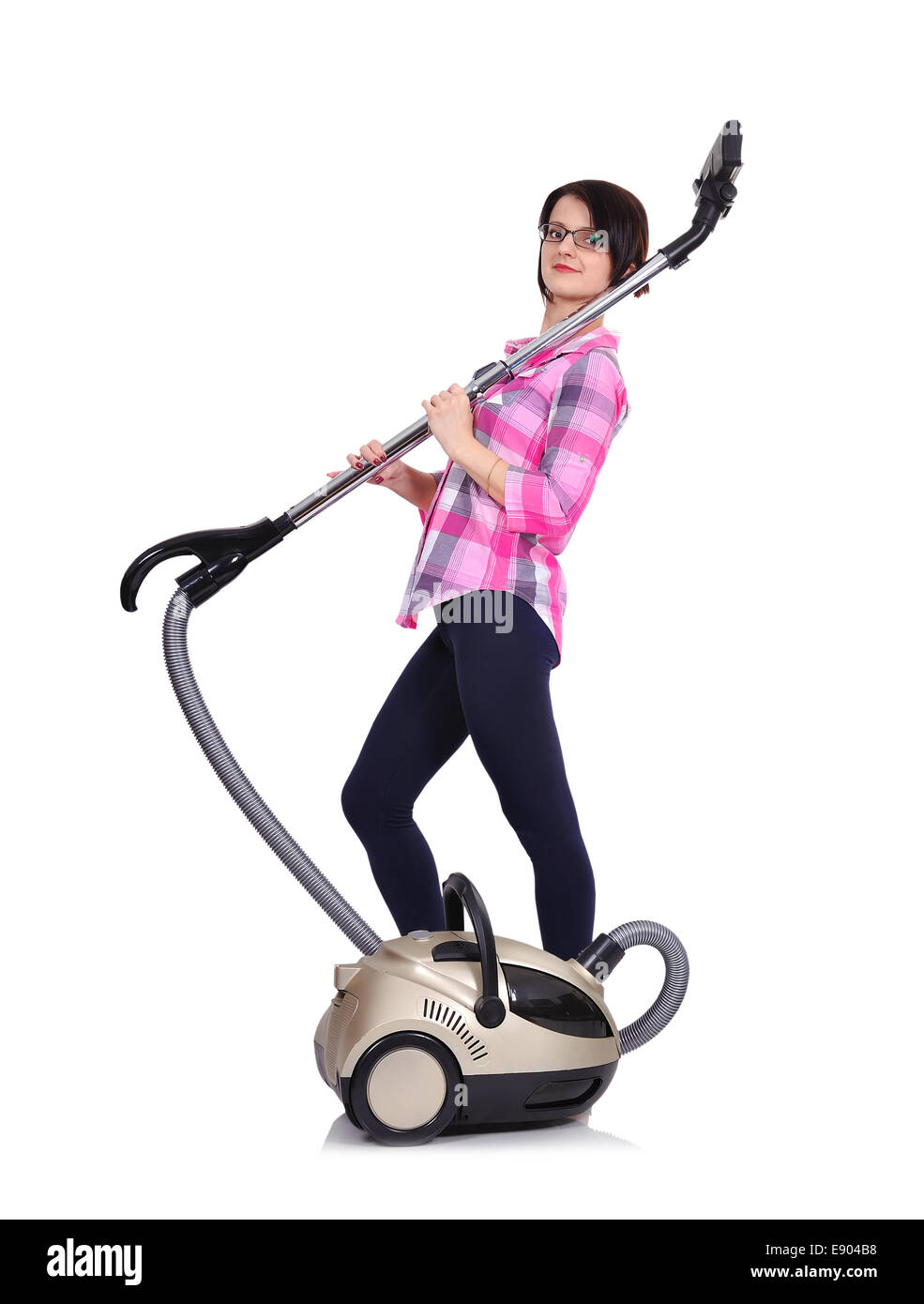 young girl with vacuum cleaner on a white background Stock Photo Alamy