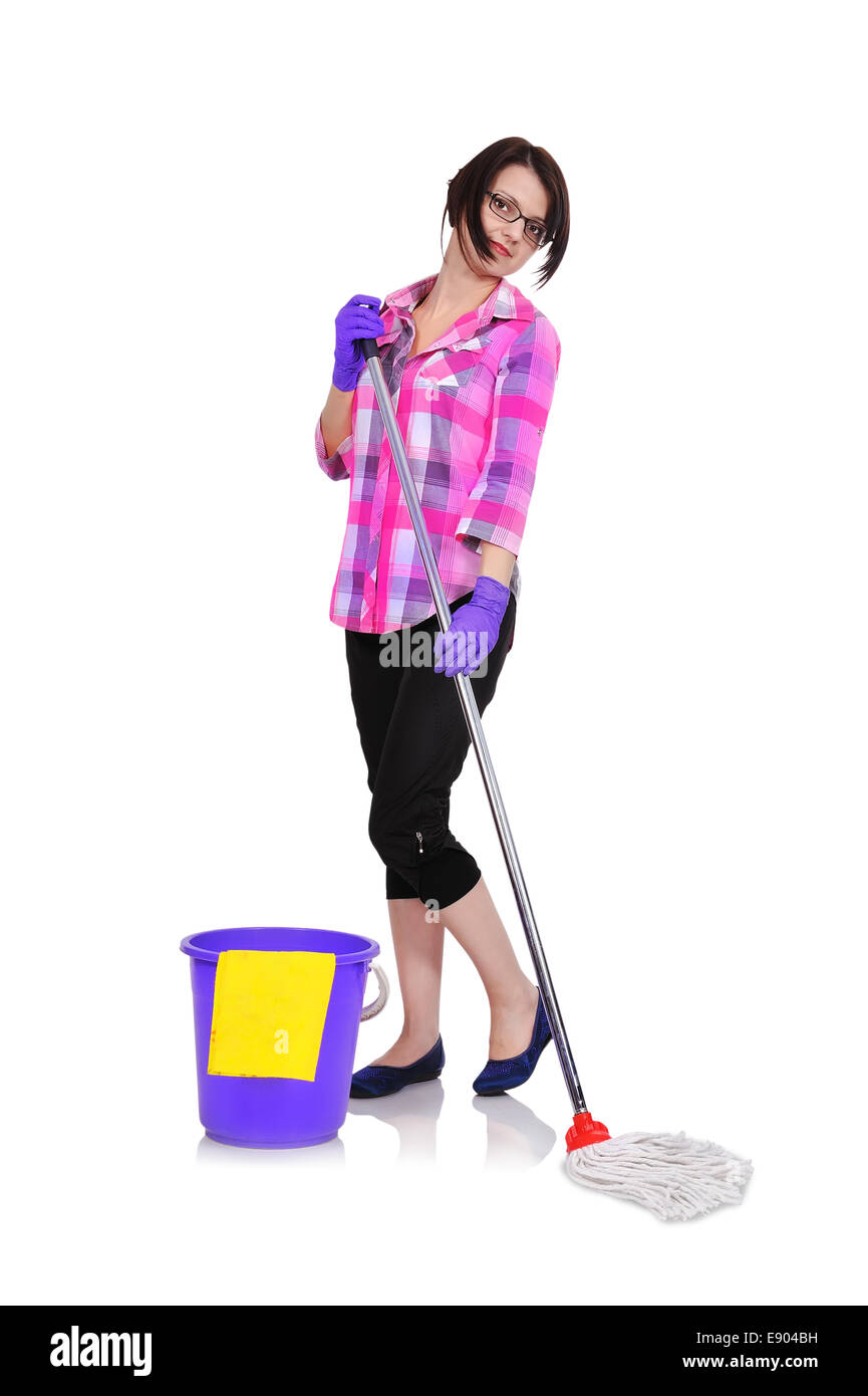 cleaning woman washing floor with mop in hand Stock Photo