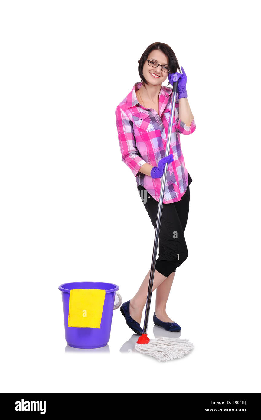 woman washing floor with mop in hand Stock Photo