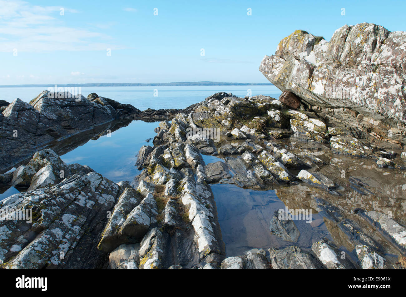 Rocky shoreline, Auchenlarie, Galloway, Scotland. Stock Photo
