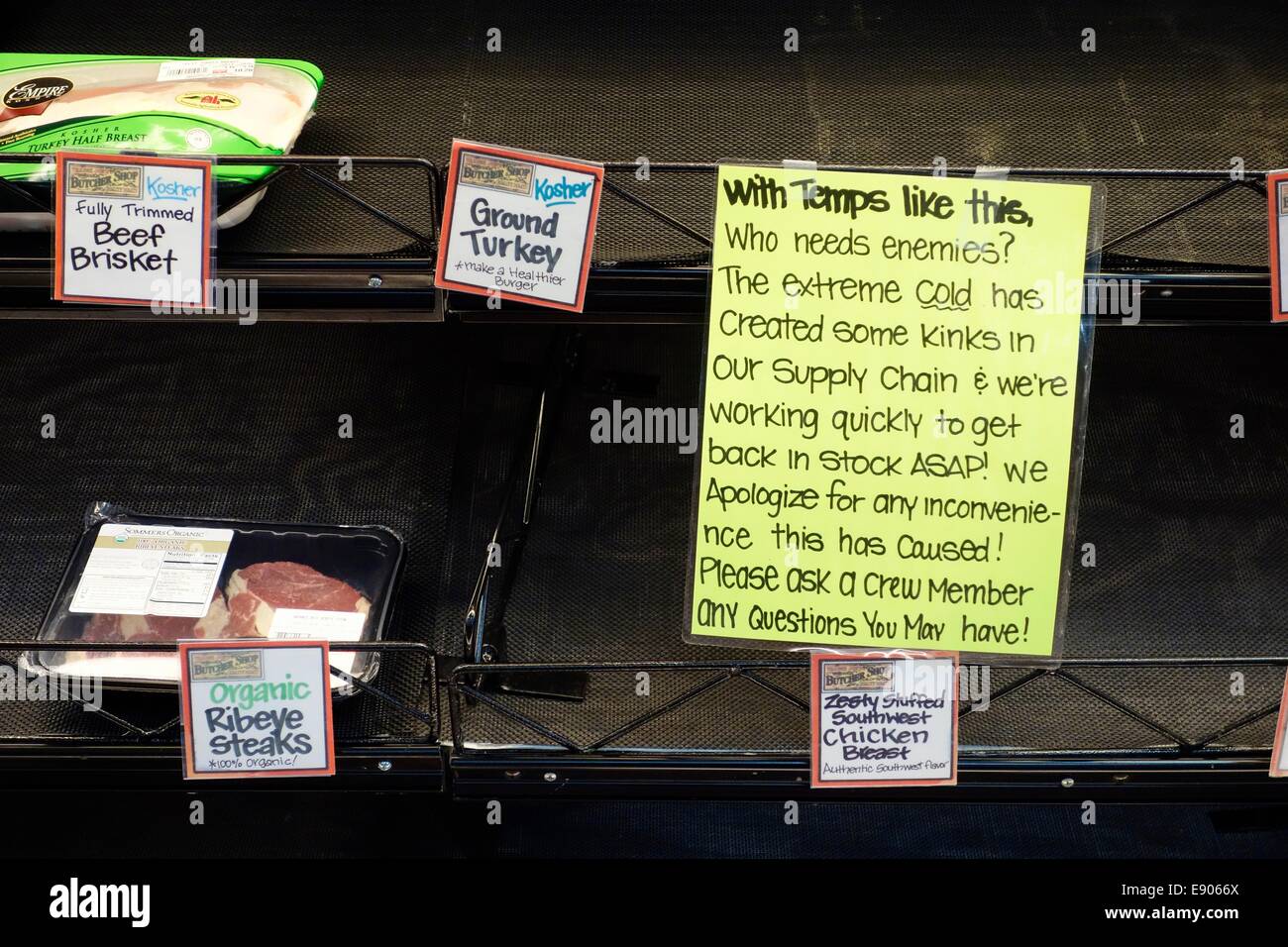 Empty grocery store shelves due to supply chain disruption from extreme cold wave. Oak Park, Illinois Stock Photo