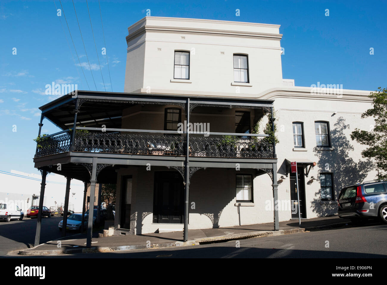 A traditional corner terraced house, with wrought iron balcony in the historic inner west suburb of Rozelle in Sydney, Australia Stock Photo