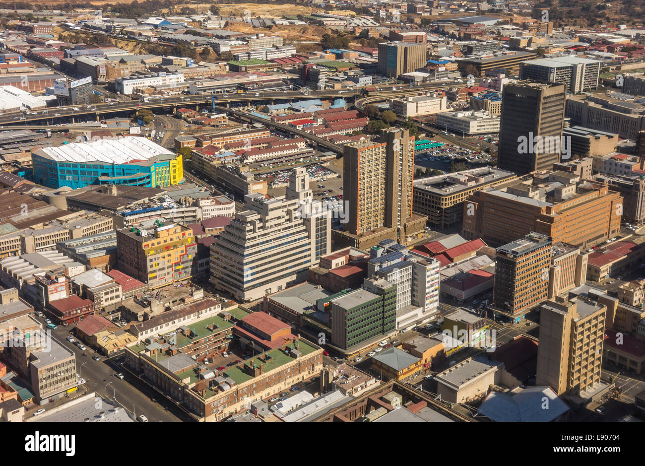 JOHANNESBURG, SOUTH AFRICA - Skyscrapers and buildings in southern section central business district. Aerial view to south. Stock Photo