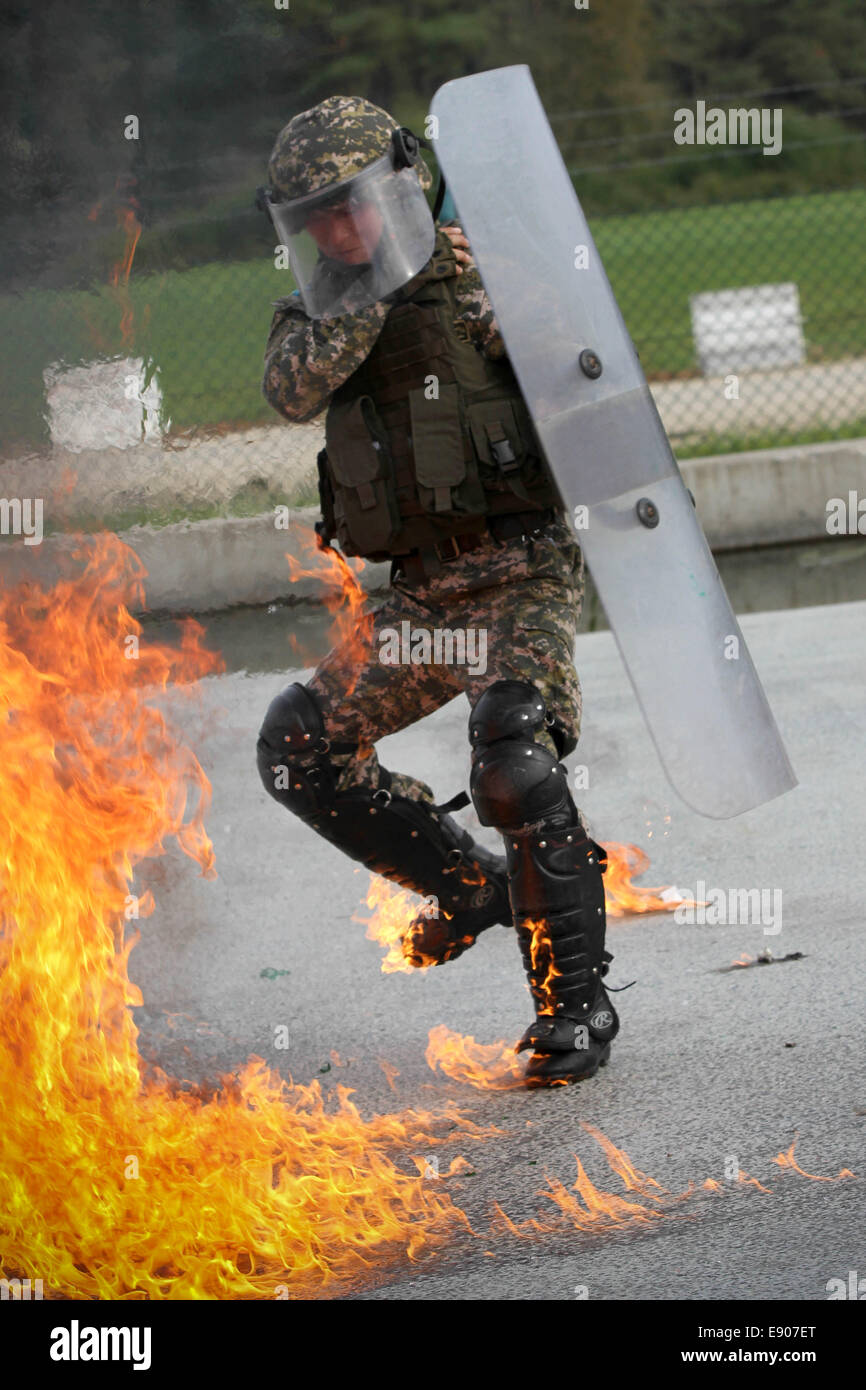 A Kazakhstani Peacekeeping Battalion soldier stomps his foot to put out the fire rising up his leg during fire-phobia training at the Joint Multinational Readiness Center in Hohenfels, Germany, Sept. 30, 2014, in support of exercise Steppe Eagle 2014. Ste Stock Photo