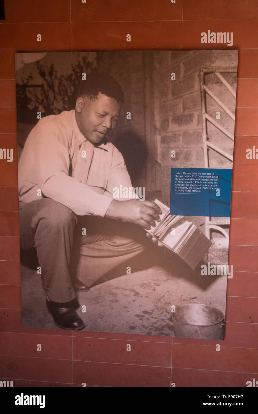 SOWETO, JOHANNESBURG, SOUTH AFRICA - Photo on display at home of Nelson Mandela. Mandela burns his pass book. Stock Photo