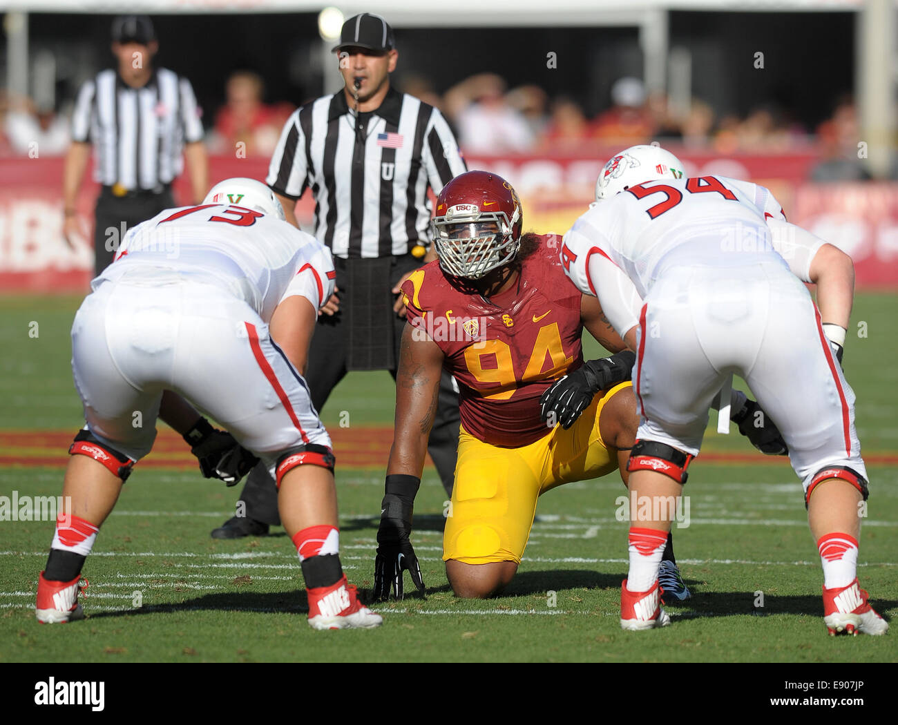 August 30, 2014, Los Angeles, CA... USC Trojans defensive end (94) Leonard Williams in action beating the Fresno State bulldogs 52-13 on Saturday night. The Trojans ran a school- and Pac-12-record 105 plays while racking up 37 first downs and 701 yards of total offense to Fresno States 17 first downs and 317 yards, at the Los Angeles Memorial Coliseum, on August 30, 2014. (Mandatory Credit: Jose Marin / MarinMedia.org / Cal Sport Media) (ABSOLUTELY - ALL Complete photographer, and company credit(s) required) Stock Photo