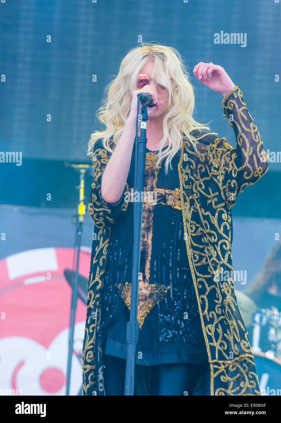 Singer Taylor Momsen of The Pretty Reckless performs on stage at the 2014 iHeartRadio Music Festival Village in Las Vegas. Stock Photo