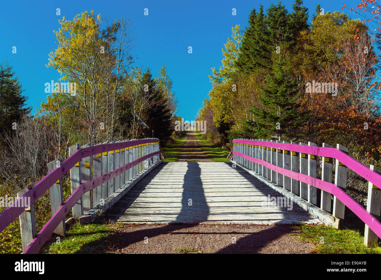 Bridge over a brook on the Confederation Trail in rural Prince Edward Island.  Also known as the Trans Canada Trail. Stock Photo