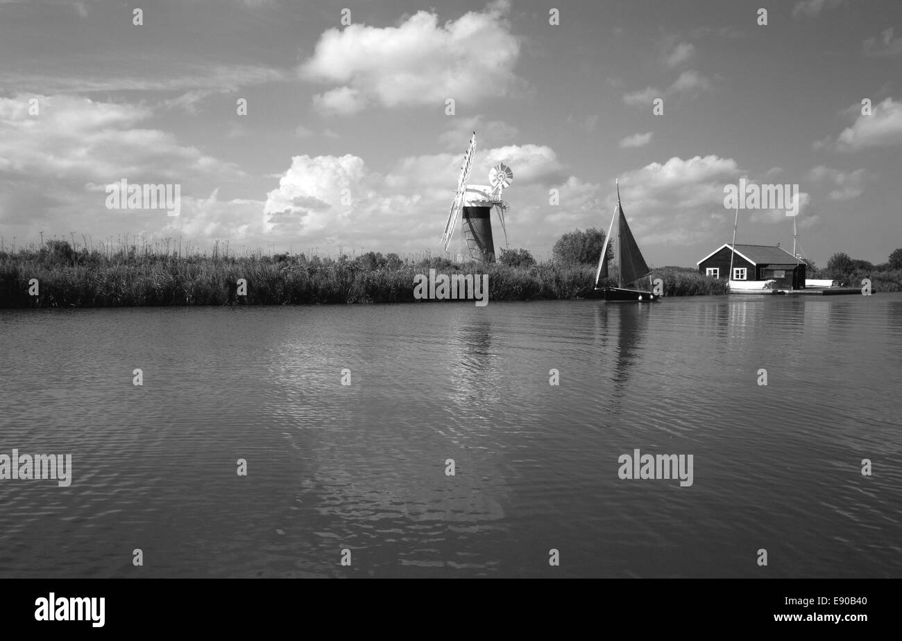 A black and white landscape on the Norfolk Broads at Thurne, Norfolk, England, United Kingdom. Stock Photo