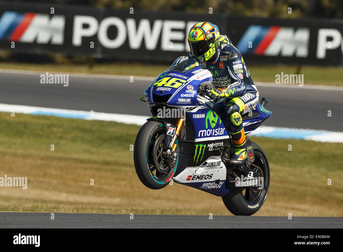 Phillip Island, Australia. 17th October, 2014. Valentino Rossi puts on a  display for the crowd at the end of free practice at the Australian  Motorcycle Grand Prix. Rossi managed to finish the
