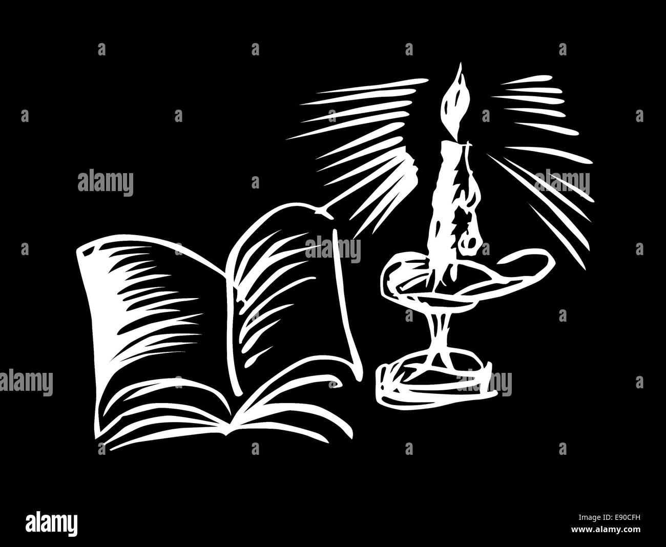 candle with book on black background Stock Photo