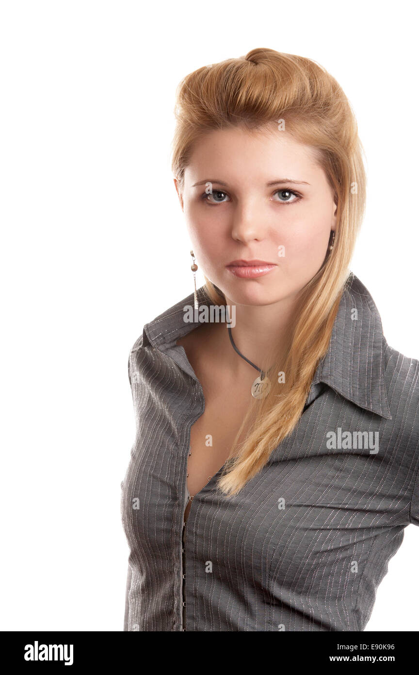 Blonde long-haired girl in gray shirt on white background Stock Photo -  Alamy