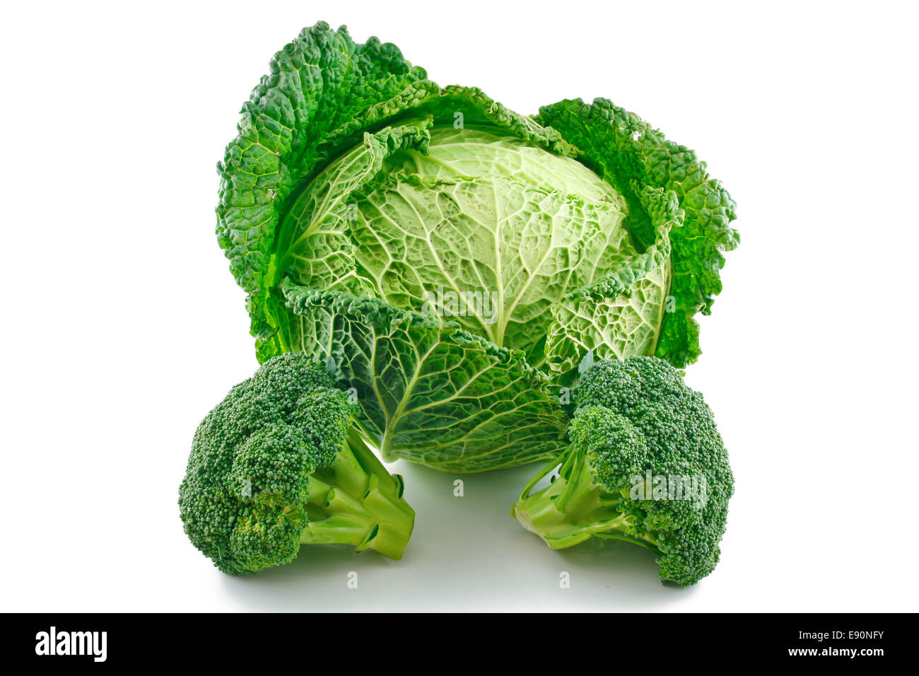 Ripe Broccoli and Savoy Cabbage Isolated Stock Photo