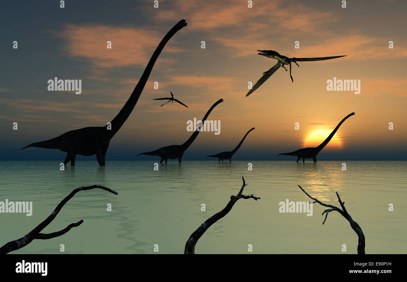 A Herd Of  Omeisaurus Walking Through A Freshwater Lake. Stock Photo