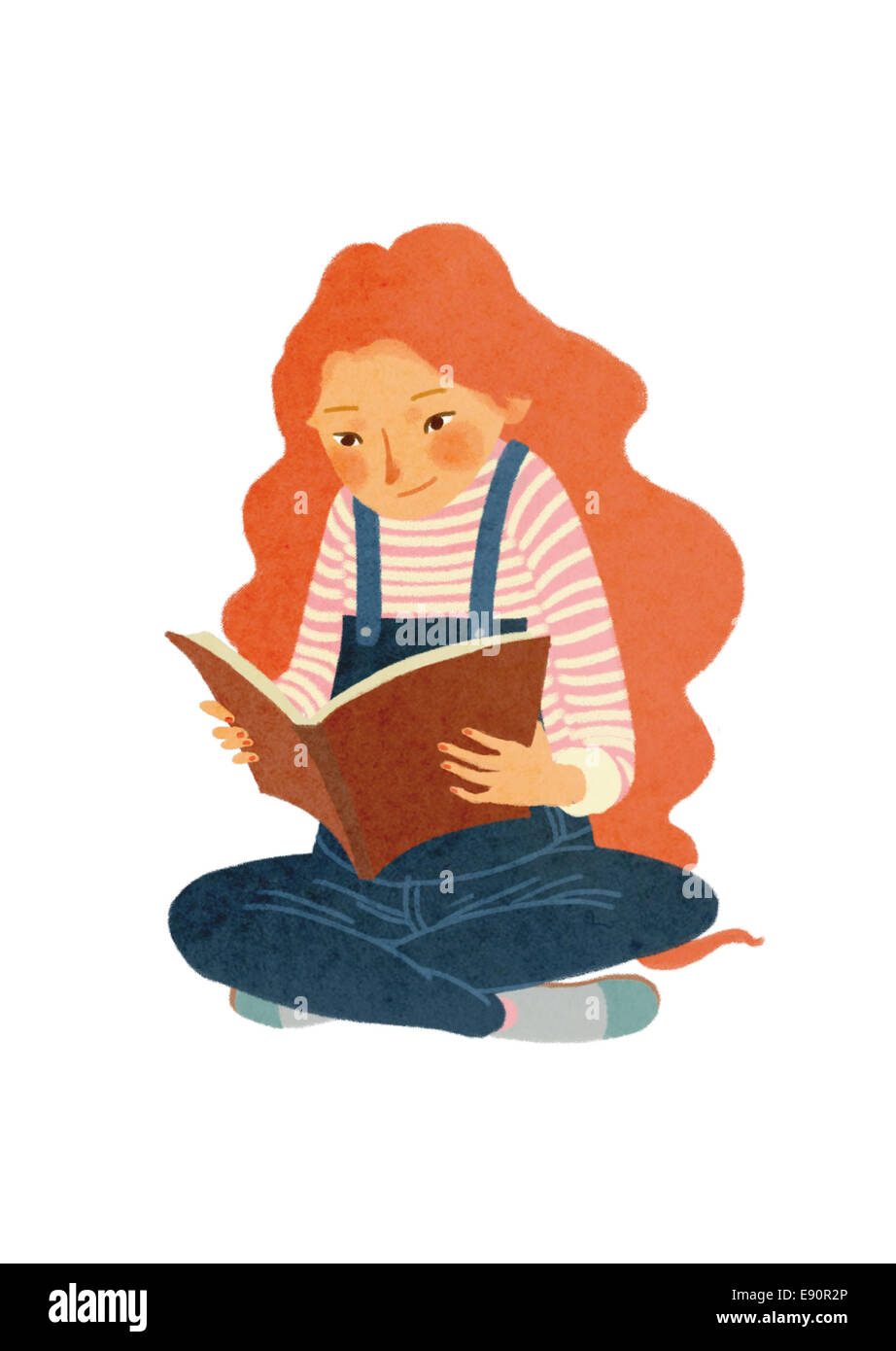 Illustration of a reading girl sitting on the floor Stock Photo - Alamy