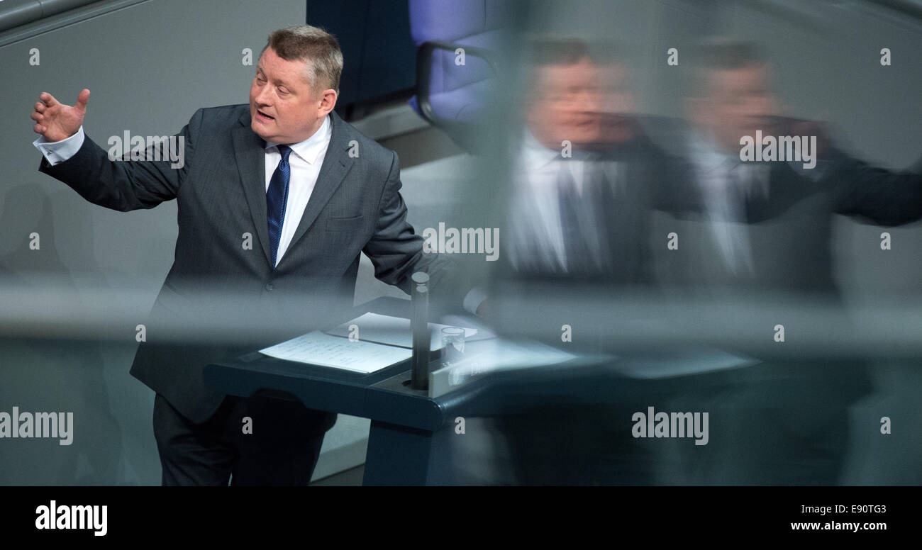 Berlin, Germany. 17th Oct, 2014. German Minister of Health Hermann Groehe (CDU) speaks during a debate on a planned amendments on long-term care insurance at the Bundestag in Berlin, Germany, 17 October 2014. Photo: Bernd von Jutrczenka/dpa/Alamy Live News Stock Photo
