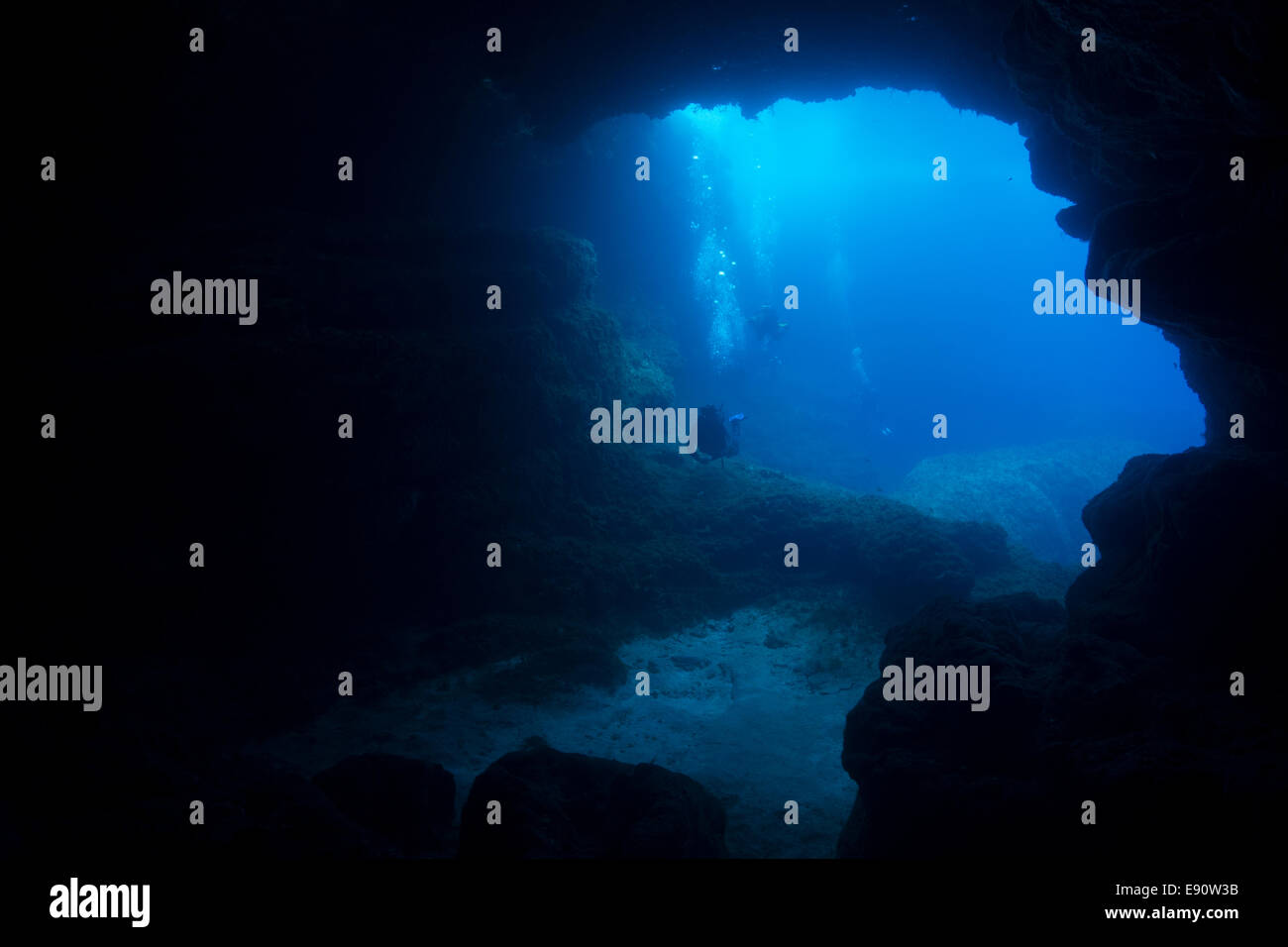 Underwater caves system in the Mediterranean Sea in Comino, Malta. Stock Photo