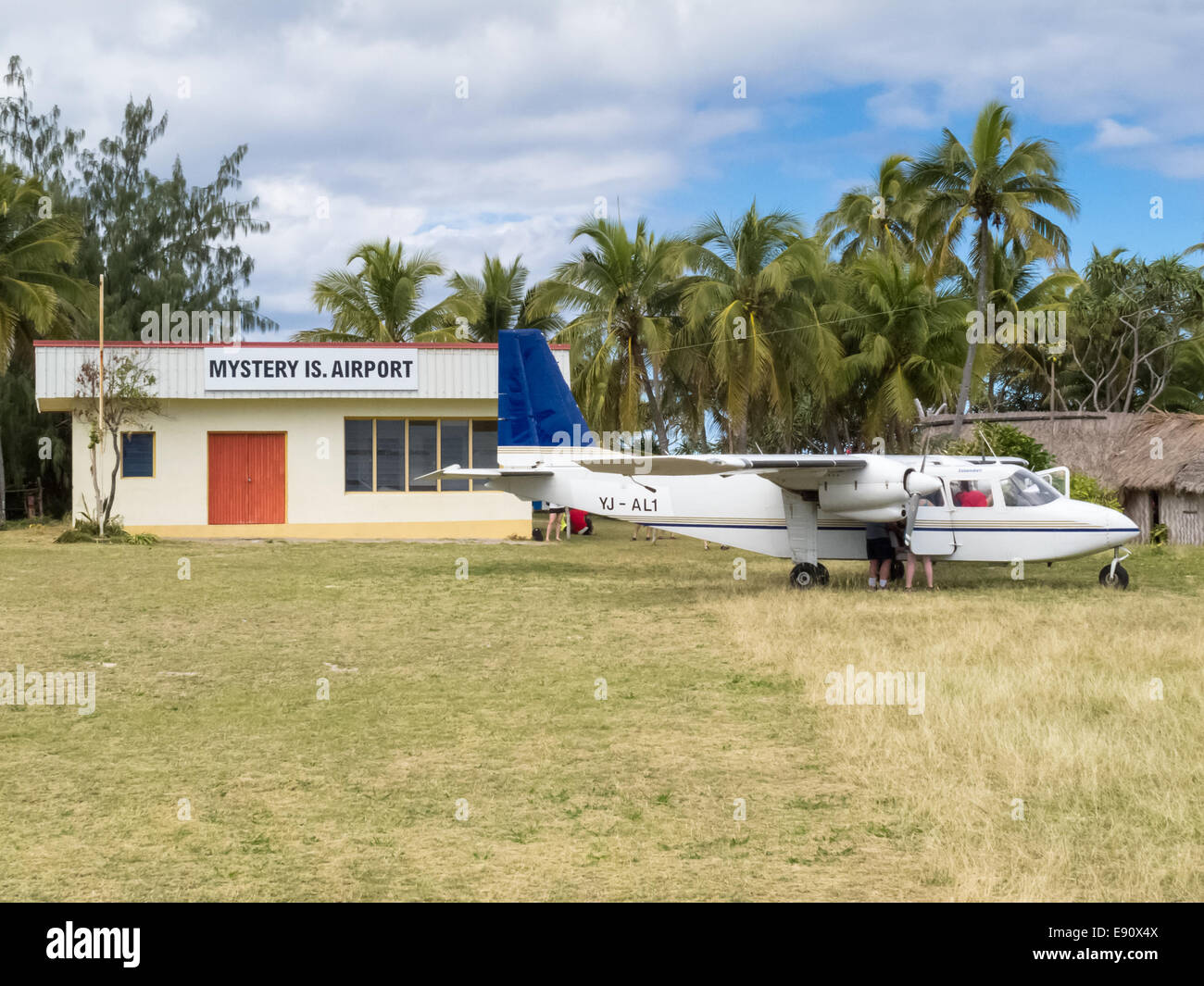 Passengers boarding aircraft at Mystery Island airport, Vanuatu. Stock Photo