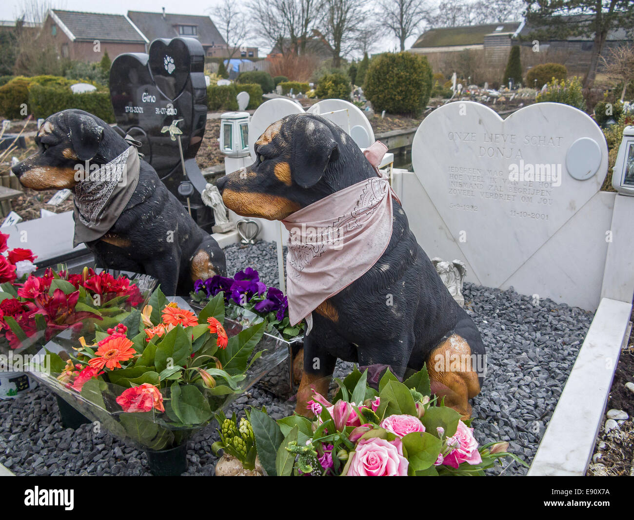 Pet cemetery with a grave with statues of two dogs Stock Photo Alamy